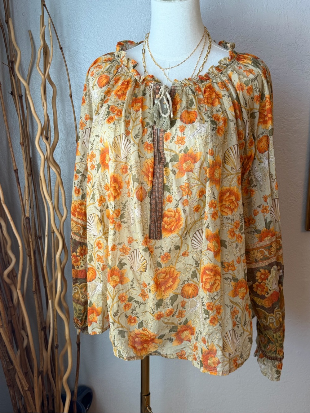 147~ Spell & The Gypsy Collective Boho Floral Peasant Top - Orange Floral Large